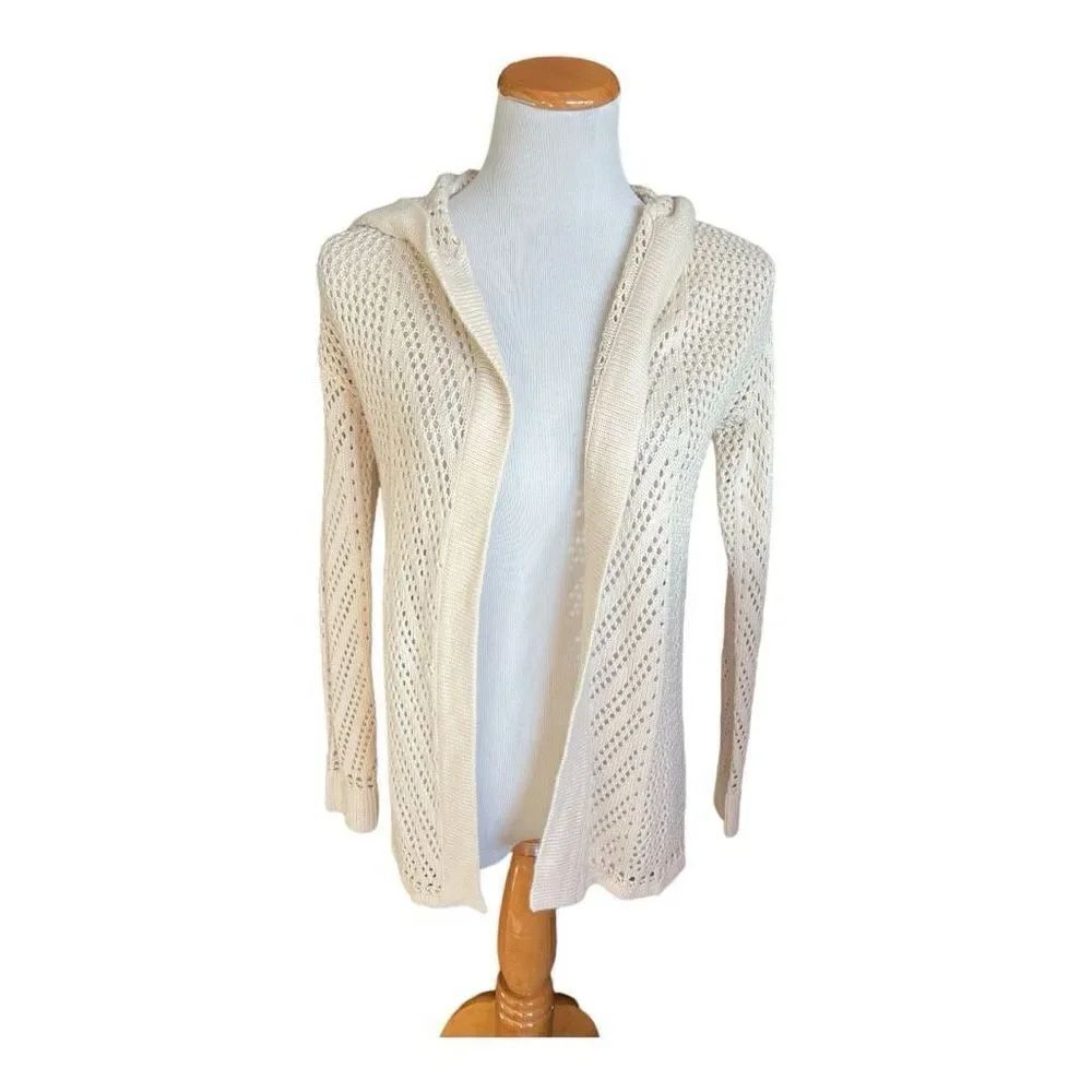 Womens Freshman 1996 Hooded Cream Crocheted Style Open Front Cardigan Sweater S